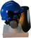 MSA V-Gard Cap Style hard hat with Dark Green Faceshield, Hard Hat Attachment, and Earmuff - Blue - Down Position