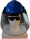 MSA V-Gard Cap Style hard hat with Pyramex Polycarbonate Clear Faceshield with Aluminum Bound Edges - Blue - Front View Earmuffs Down