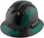 Pyramex Ridgeline Full Brim Style Hard Hat with Shiny Black Graphite Pattern with Green Decals - Oblique View