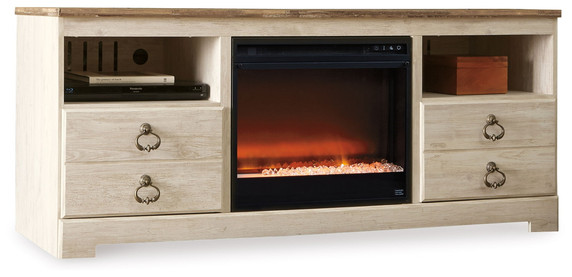 Willowton - Whitewash - 64" TV Stand With Glass/Stone Fireplace Insert Willowton - Whitewash - 64" TV Stand With Glass/Stone Fireplace Insert