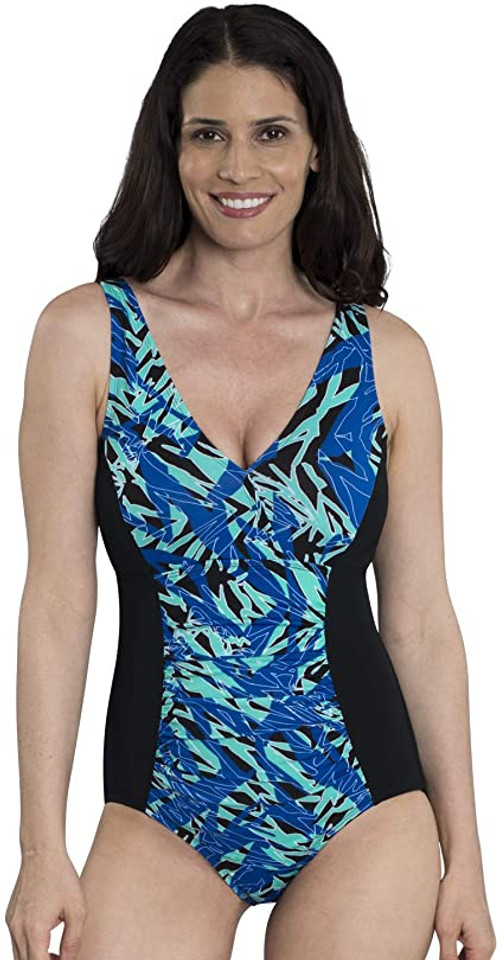 Features
Women's one piece swimsuit.
Floral front panel, solid back.
V-neck and v-back.
Chlorine and pilling resistant.
Stretch recovery and shape retention.
Moderate fit.
Engineered to fit tightly.
Built-in shelf bra with sewn-in cups.
Fully lined.
Power mesh front liner.
Solution swimwear designed by women for women.
Full bottom coverage.
UPF 50+
Details
Fabric: 91% Polyester, 9% Spandex.Hand wash, cold. Line dry.UPF 50+
Care: Hand wash, cold. Line dry.
Sun Protection: UPF 50+
Closure: Pull on.
Chlorine Resistant: Yes.
Back Style: V-back.
Fit: Tight fit.
Adjustable: No.
Cup Support: Built-in shelf bra with sewn-in cups.
Bottom Coverage: Full bottom coverage.
Country of Origin: Imported.