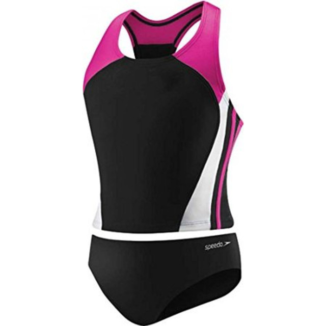 Features
Speedo Big Girls' Solid Infinity Splice Tankini Swimsuit, Deep Water, 12Speedo equals better fit, performance, quality, and innovation. The girl's 7-16 infinity splice tankini is a great 2 piece athletic style with thick racerback straps for a secure fit that won't bind or gap. But the bold team inspired colorblock splicing makes this suit as much about fashion as it is about function. The suit features trademarked xtra life lycra which lasts 5 to 10 times longer than traditional lycra. So no bag and sag, and it looks like new for longer. It also offers our new no wedgie worries technology, which adds a thin silicone gripper at the inner edge of the bottom to keep the suit in place during activities. Look and feel your best in or out of the water, while you play, train or win in speedo, the choice of champions.