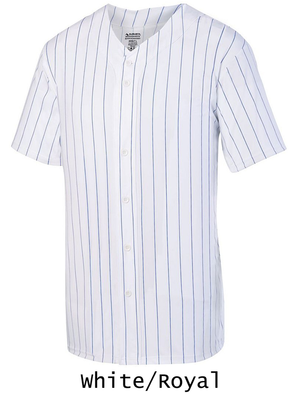 Youth & Adult Pinstripe Button Front Baseball Jersey – White/Royal