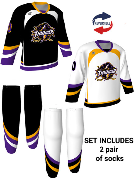 Dawg - Adult/Youth "Hat Trick" Custom Sublimated Reversible V-Neck Yoked Hockey Jersey + Socks