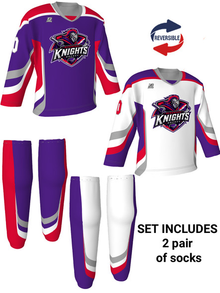Dawg - Adult/Youth "Slapshot" Custom Sublimated Reversible V-Neck Yoked Hockey Jersey + Socks
