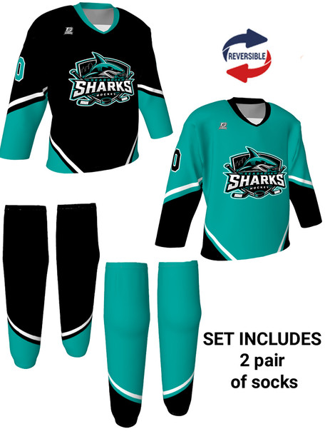 Dawg - Adult/Youth "Play Maker" Custom Sublimated Reversible V-Neck Yoked Hockey Jersey + Socks