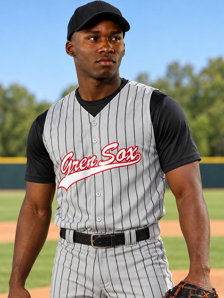 "Sleeveless Yankee Pinstripe" Button Front Baseball Jersey