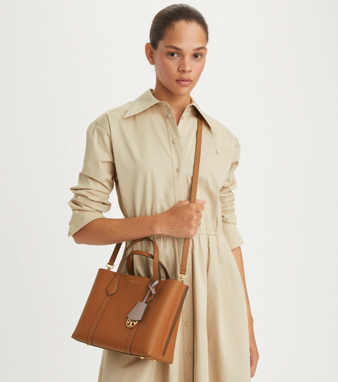 Tory Burch Perry Small Triple-Compartment Tote- Light Umber