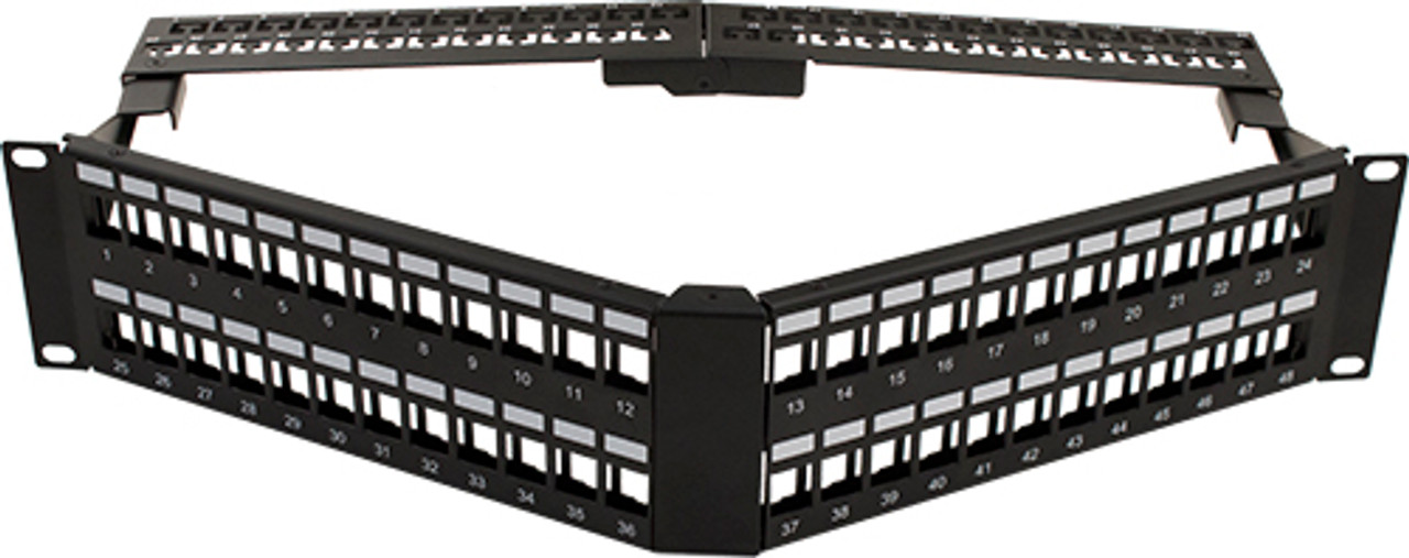 Blank Patch Panel, V-Type with Cable Manager, 48 Port, Angled with Support Bar Black