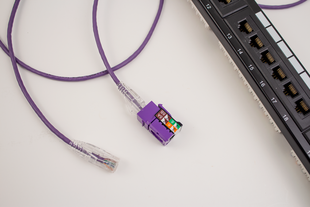 Category-6A Slim Type Mold-Injection-Snagless Patch Cord, 6in, 28AWG Stranded, PVC Jacket, Purple.