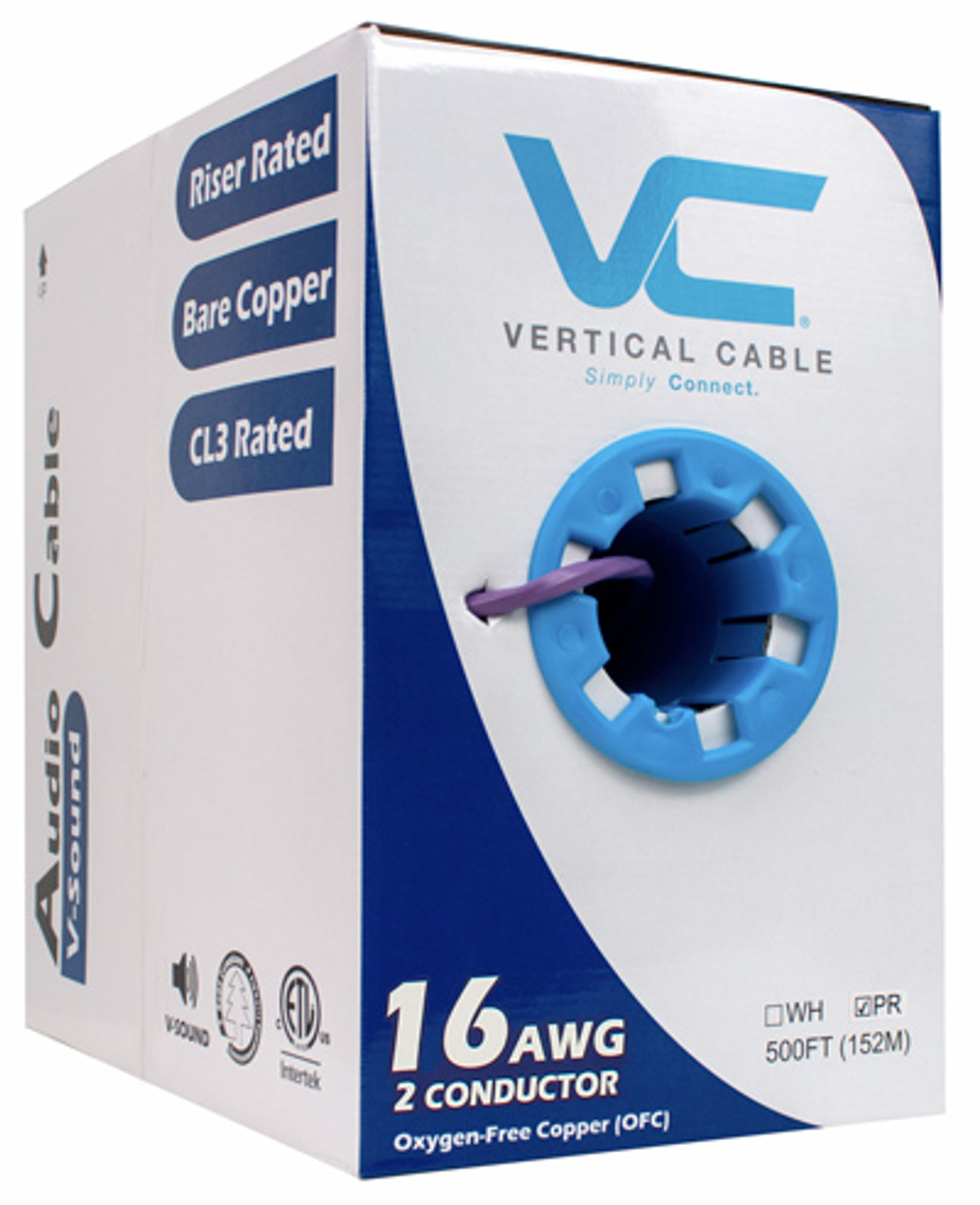 Audio Cable, 16AWG, 2 Conductor, Stranded (65 Strand), 500', PVC Jacket, Pull Box, Purple