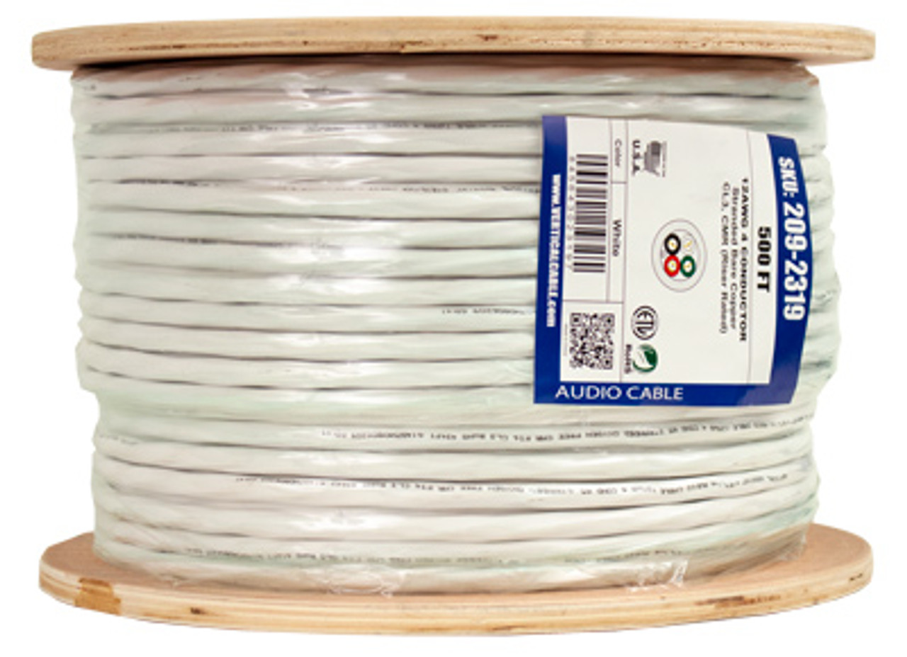 High Strand Audio Cable, 12AWG, 4 Conductor, Stranded (65 Strand), PVC Jacket, CMR, CL3, 500ft, Spool, White