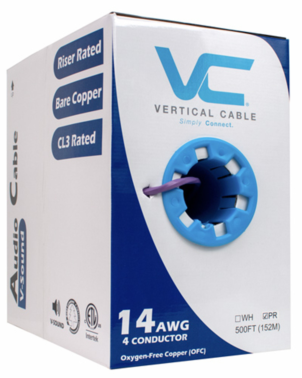 Audio Cable, 14AWG, 4 Conductor, Stranded (41 Strand), 500ft;, PVC Jacket, Pull Box, Purple