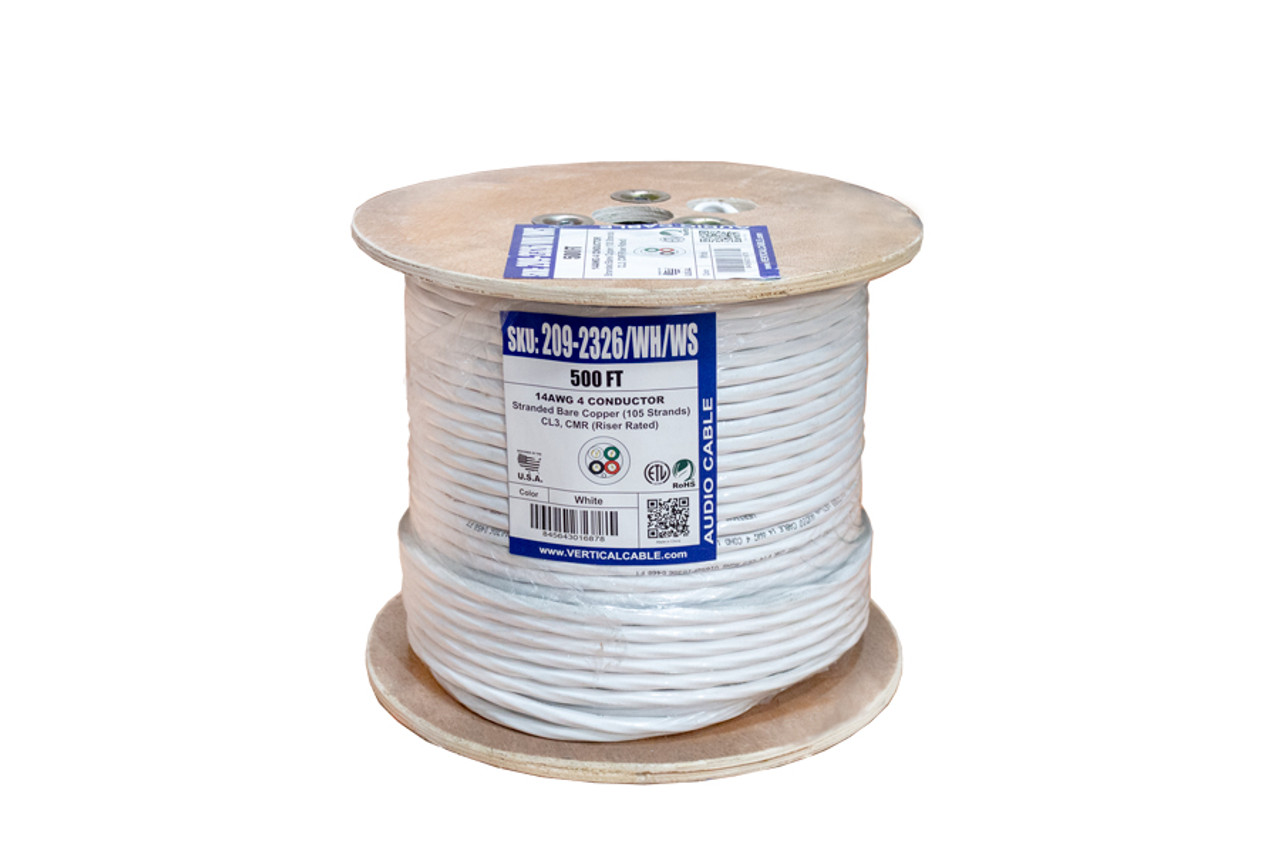 Audio Cable, 14AWG, 4 Conductor, Stranded, 105 Strand, 500ft, PVC Jacket, Pull Box, White