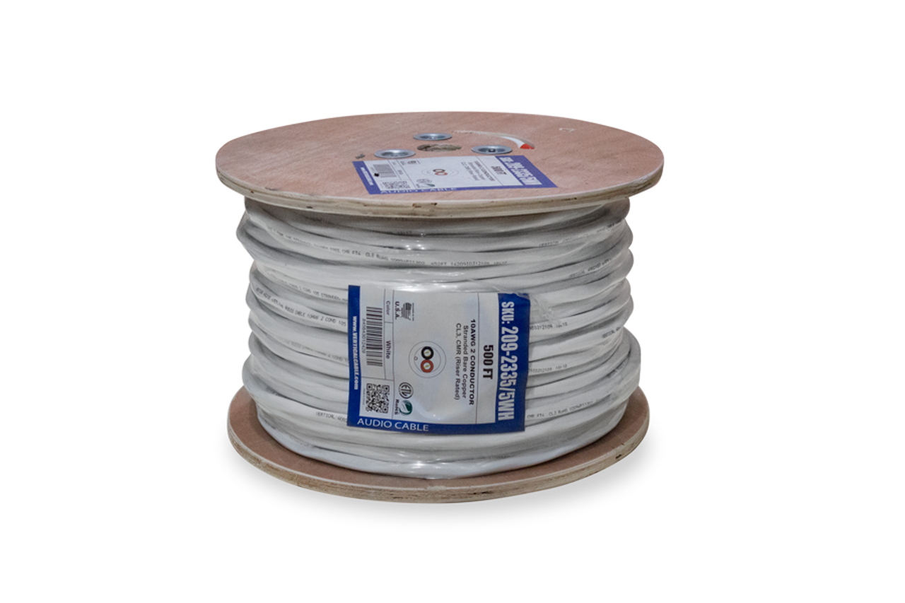 High Strand Audio Cable, 10AWG, 2 Conductor, Stranded (105 Strand), PVC Jacket, 500ft, Spool, White