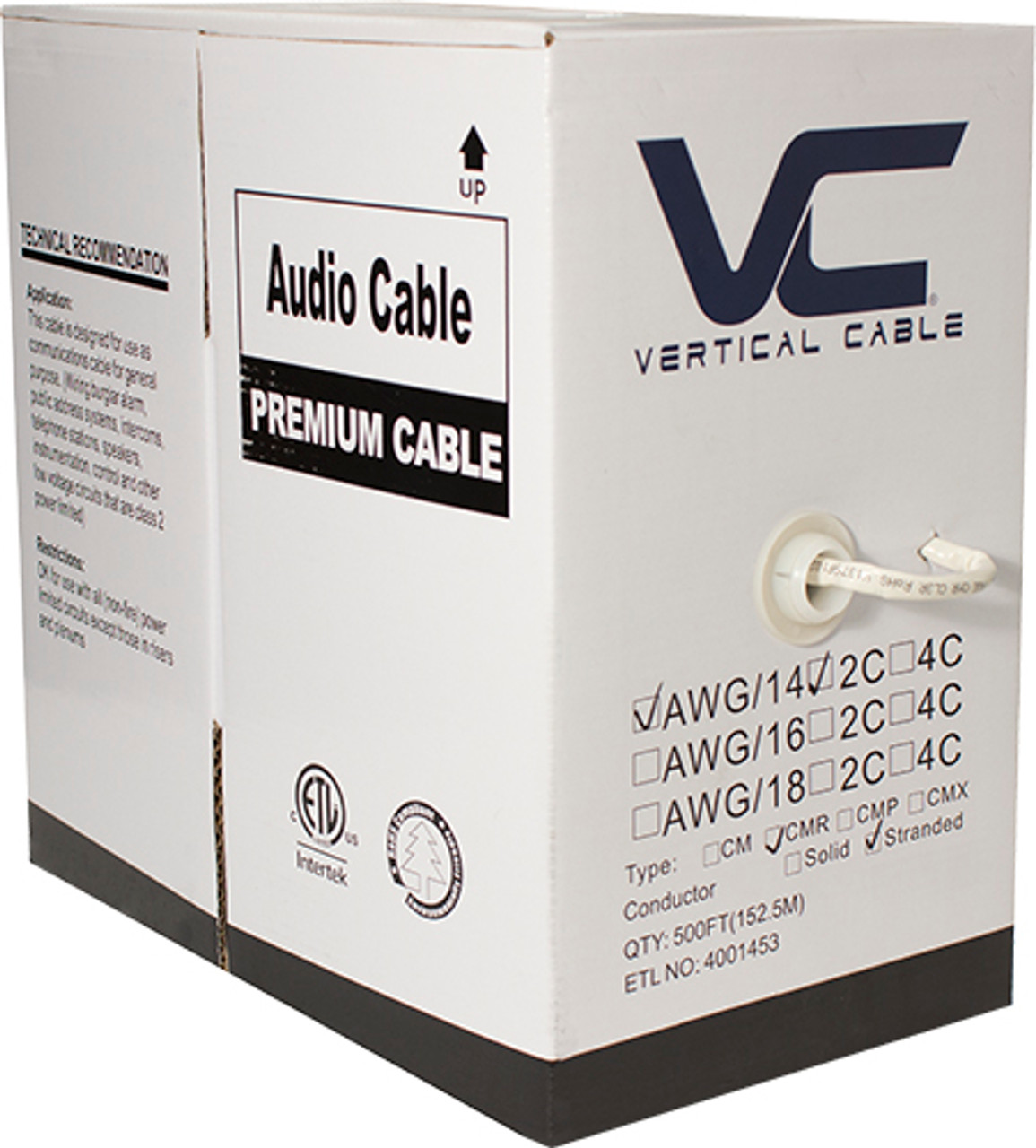 Audio Cable,  PVC Jacket, 16AWG, 2 Conductor, Stranded (65 Strand), Shielded, 500ft, Pull Box, White