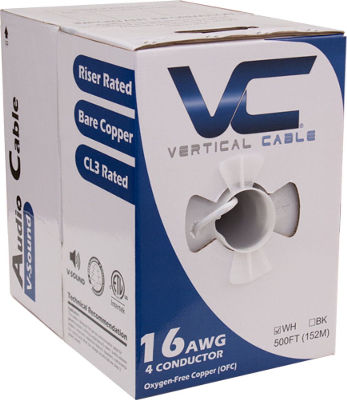 Audio Cable, PVC Jacket, 16AWG, 4 Conductor, Stranded (65 Strand), Shielded, 500ft, Pull Box, White