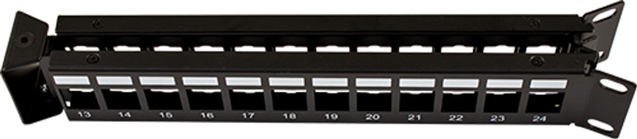 Blank Patch Panel, V-Type with Cable Manager, 24 Port, Angled with Support Bar Black