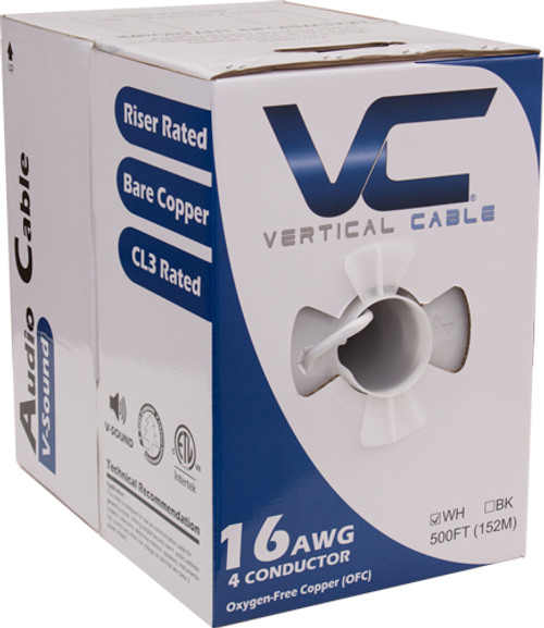 Audio Cable, 16AWG, 4 Conductor, Stranded (65 Strand), 500', PVC Jacket, Pull Box, White