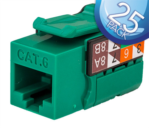 CAT6 Data Grade Keystone Jack - 25 Pack, RJ45, 8x8, Green.