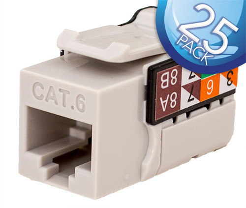 CAT6 Data Grade Keystone U-Jack - 25 Pack, RJ45 90° 8x8 Gray.