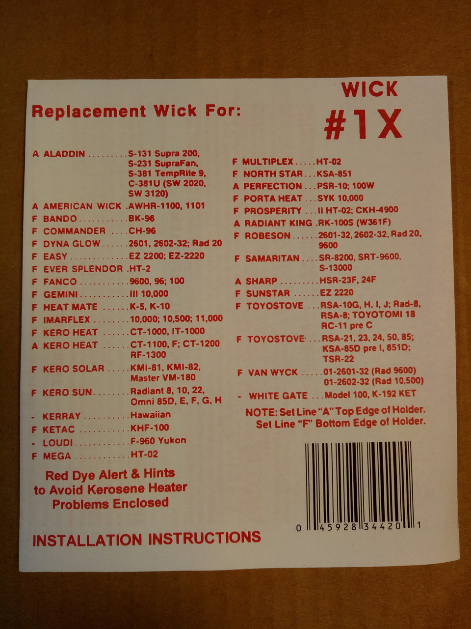 Wick 1X for DynaGlo radiant heaters made since 1998; HEAT