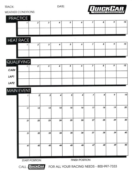 Quickcar Racing Products Time Organizer Sheets 50 Lap 51-230