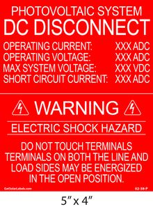 Photovoltaic System DC Disconnect/ Warning Electric Shock Hazard Solar Placard Photovoltaic System DC Disconnect/ Warning Electric Shock Hazard Solar Placard