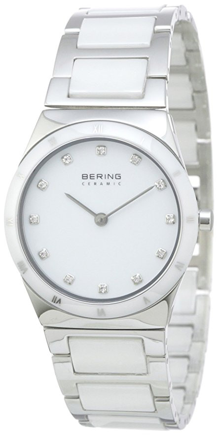 BERING Women's Watch with White Ceramic Link Band and Round Scratch