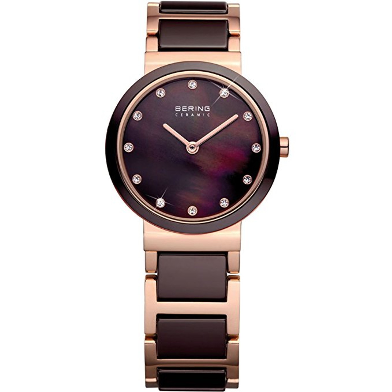 BERING Women's Watch with Brown Ceramic Rose Gold Link Band and Small Round  Scratch Resistant Sapphire Glass