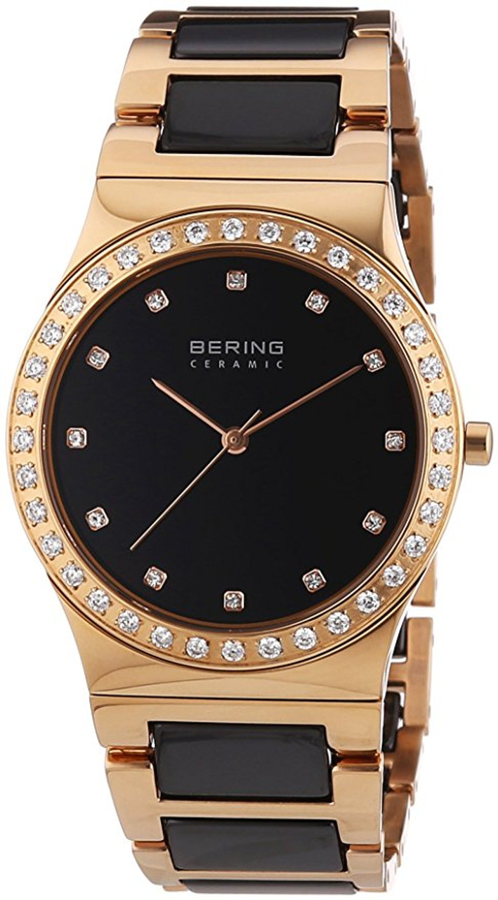 BERING Women's Watch with Black Ceramic and Rose Gold Link Band and Scratch  Resistant Sapphire Glass