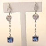 Chain Earrings with Hearts and Blue Square Crystals