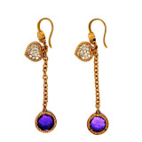 Chain Earrings with Hearts and Purple Round Crystals