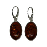 Baltic Amber Earrings - Cognac Oval Dangle Silver Leverback