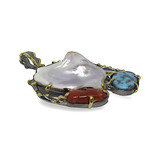 Mother of Pearl, Coral & Turquoise Mixed Gemstone Sterling Silver Pendant 