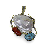 Mother of Pearl, Coral & Turquoise Mixed Gemstone Sterling Silver Pendant 
