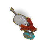 Mother of Pearl, Coral Branch & Turquoise Mixed Gemstone Sterling Silver Pendant 