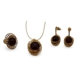 Baltic Amber Jewelry Set - Oval Filigree Cognac Amber Set in Gold Tone