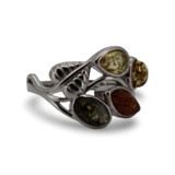 Baltic Amber - Multicolor Marquise Amber Sterling Silver Leaf Design Ring