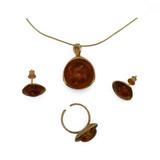 Baltic Amber Jewelry Set - Rounded Shape Golden Cognac Amber Set in Gold Tone