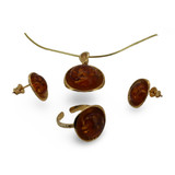 Baltic Amber Jewelry Set - Rounded Shape Golden Cognac Amber Set in Gold Tone