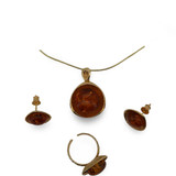 Baltic Amber Jewelry Set - Rounded Shape Golden Cognac Amber Set in Gold Tone