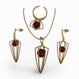Baltic Amber Jewelry Set - Geometric Shield Brown Cognac Amber Set in Gold Tone