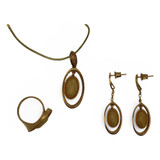 Baltic Amber Jewelry Set - Open Oval Design Creamy Butterscotch Amber CZ Accents In Gold Tone