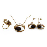 Baltic Amber Jewelry Set - Open Circle Filigree Design Dark Cherry Amber In Gold Tone
