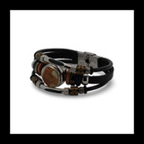 Baltic Amber Multistrand Leather Bracelet with Round Amber Centerpiece and Mixed Beads 