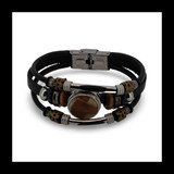Baltic Amber Multistrand Leather Bracelet with Round Amber Centerpiece and Mixed Beads 
