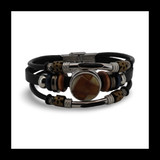 Baltic Amber Multistrand Leather Bracelet with Round Amber Centerpiece and Mixed Beads 