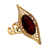 Baltic Amber Jewelry Set - Vintage Leaf Shape Filigree Dark Cherry Amber Set in Gold Tone