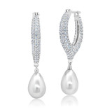 Crislu Pearl and Pave TearDrop Earrings in Platinum Plating